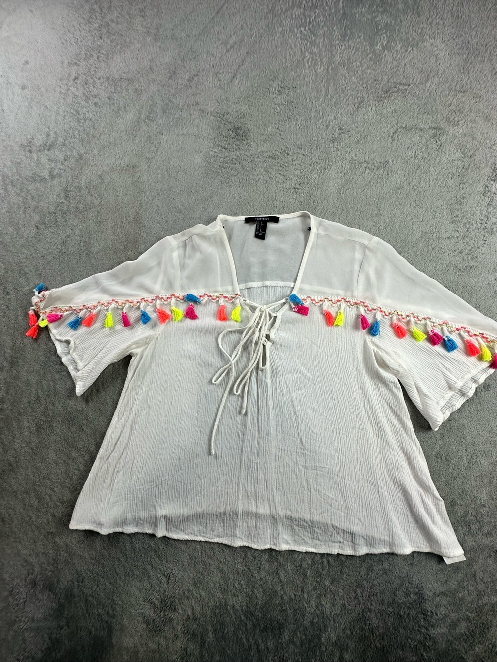 Forever 21 Women’s White Boho Tassel Peasant Top Size Small Neon Tassels